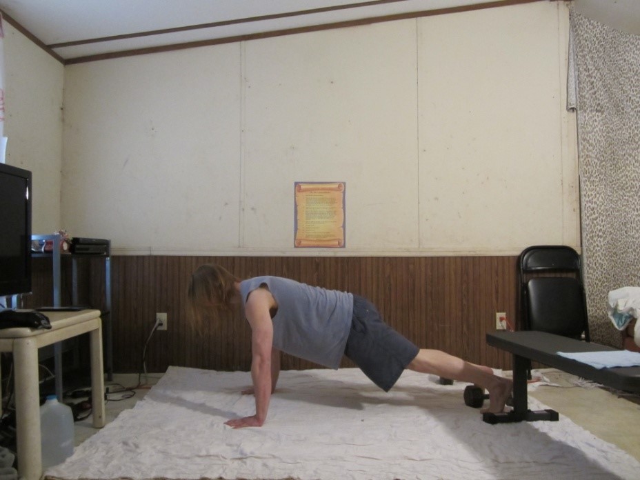 Regular push up picture demonstrating the beginning of the repetition from a side viewpoint.