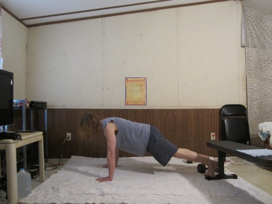 Regular push up picture demonstrating the end of the repetition from a side viewpoint.